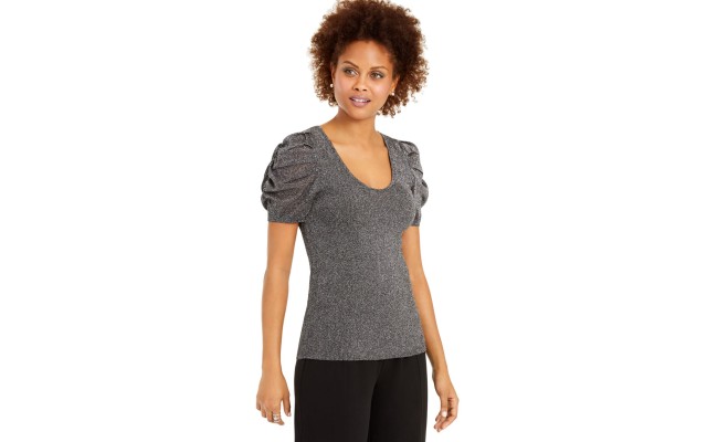   INC Shimmer Puff-sleeve Sweater (Black), Black, X-Small