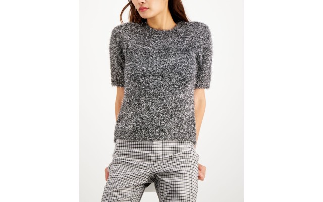  INC Silver Fuzzy Short-Sleeve Sweater (Black, Small)