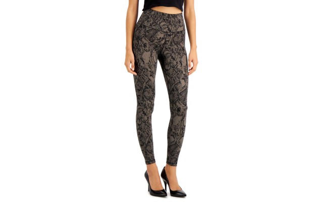  INC Snakeskin-Print Compression Leggings (Black), Black, Medium