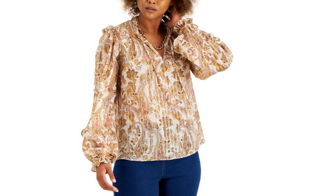  INC Women’s Paisley-Print Chiffon Peasant Top (Gold, Small)