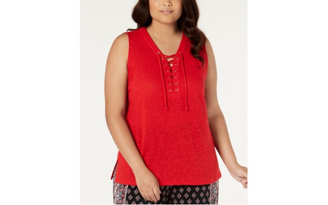 INC Womens Plus Linen Blend Lace-Up Tank Top Dark Red, Dark Red, 1X