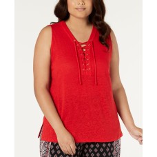 INC International Concepts INC Womens Plus Linen Blend Lace-Up Tank Top Dark Red