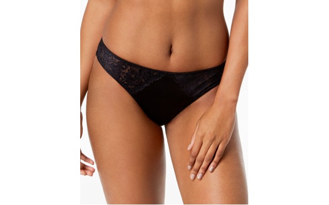  INC Women’s Smooth Lace Thong, Deep Black, Small