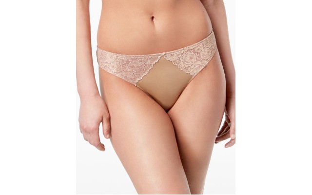  INC Women’s Smooth Lace Thong, Taupe Dream, Large