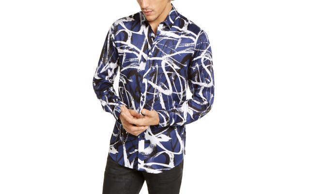  Men’s Abstract Scribble-Print Shirt (Navy, 2XL)