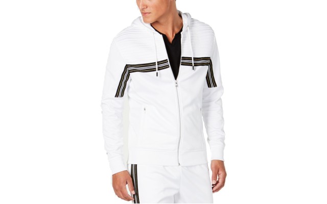  Men’s Chest Stripe Zip-Front Hoodie (White, XXL)