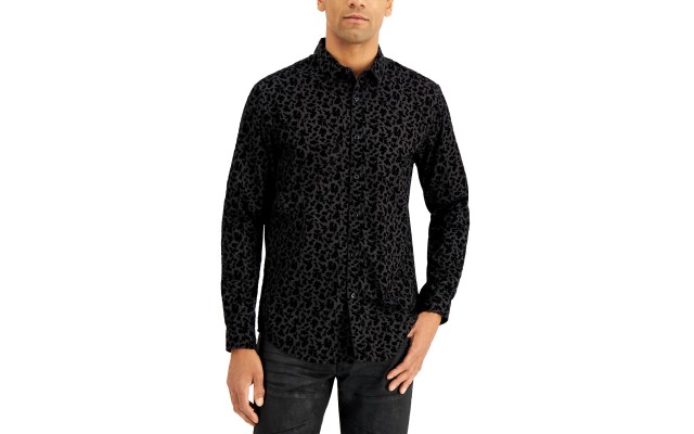  Men’s Flocked Floral Shirt, Black, M