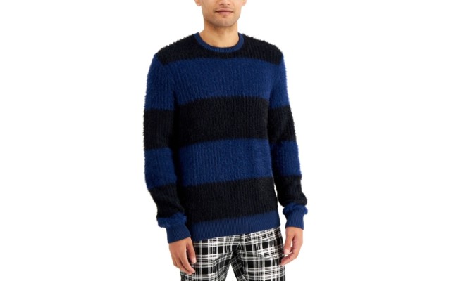  Mens Fuzzy Striped Sweater Timeless (Navy 2X-Large)
