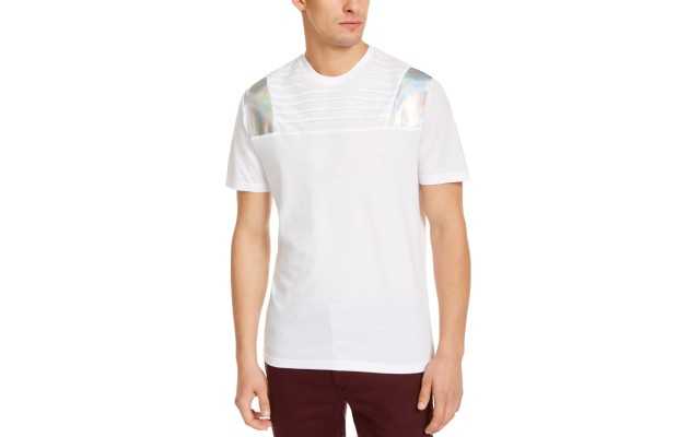  Men's Pintucked Moto T-Shirt with Metallic Faux-Leather Piecing, White, X-Large