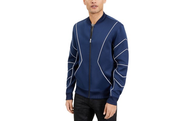  Men’s Piped Zip-Front Knit Jacket, Blue, M
