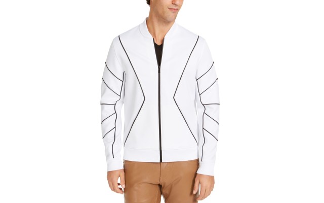  Men’s Piped Zip-Front Knit Jacket (White, M)