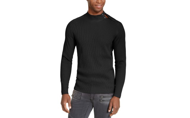  Men’s Ribbed Button Neck Sweater (Black, 3XL)