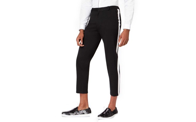  Men’s Slim-Fit Stretch Side Stripe Cropped Knit Pants (Deep Black, 32X30)