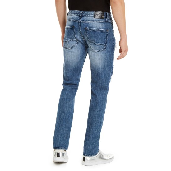  Men’s Slim-Straight Sequin Rip-Repair Jeans (Dark Blue, 34 Reg)