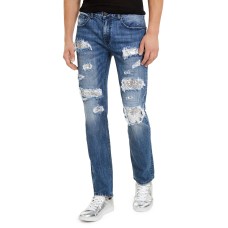 INC International Concepts Men’s Slim-Straight Sequin Rip-Repair Jeans (Dark Blue, 34 Reg)