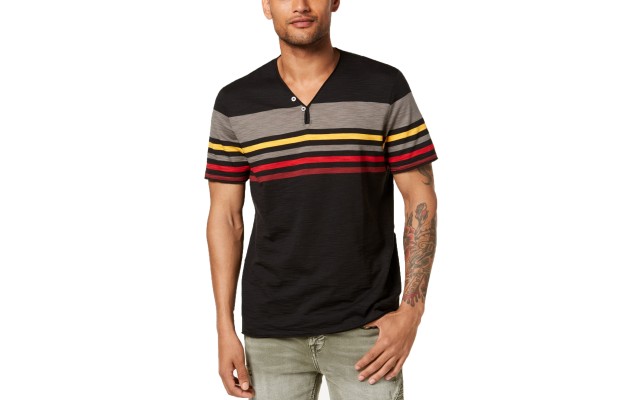 Men's Striped Split-Neck T-Shirts, Black, 3X-Large