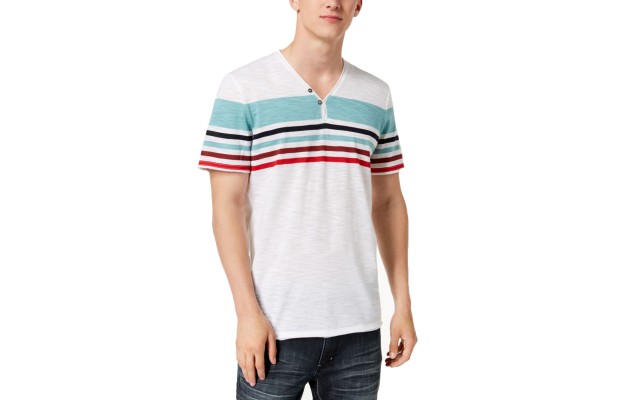  Men's Striped Split-Neck T-Shirts, White, 3X-Large