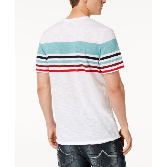  Men's Striped Split-Neck T-Shirts, White, Large