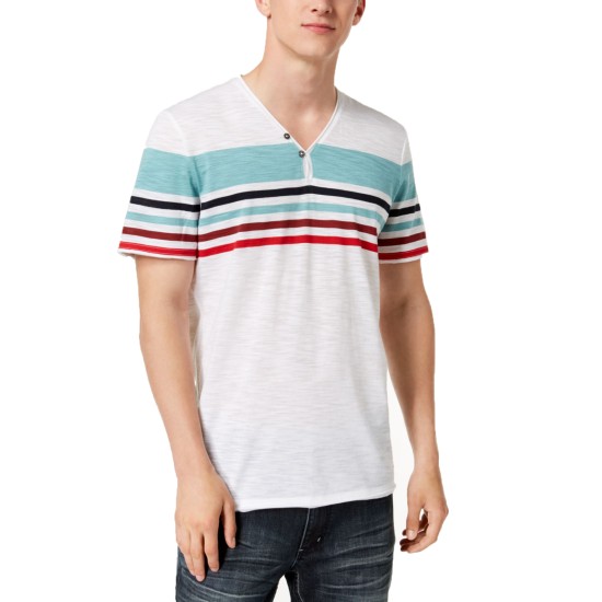  Men's Striped Split-Neck T-Shirts, White, Large