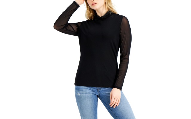  Mesh Turtleneck Top (Black), Black, X-Small