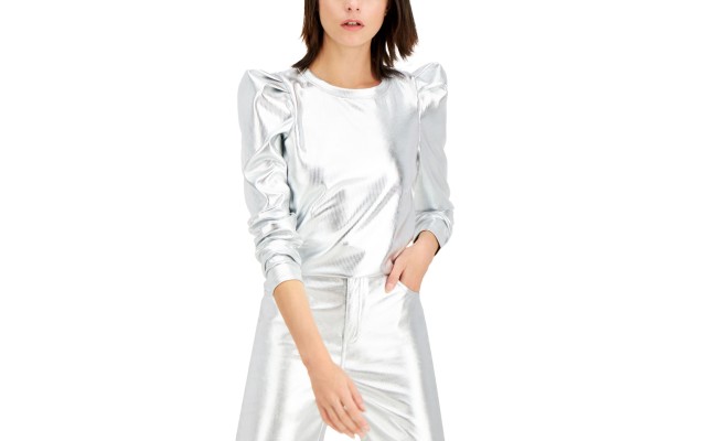  Metallic Puff-sleeve Top Silver (Gray), Gray, Medium
