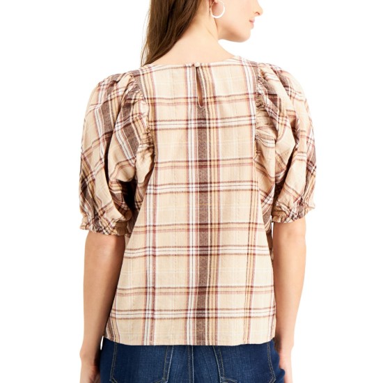  Plaid Puff-Sleeve Top (Gold, Medium)