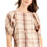 Inc International Concepts Plaid Puff-Sleeve Top (Gold, Medium)