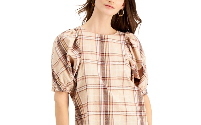  Plaid Puff-Sleeve Top (Gold, Medium)