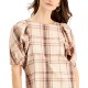  Plaid Puff-Sleeve Top (Gold, Medium)