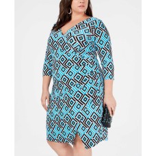 INC International Concepts Plus Size Geo-Print Wrap Dress (Blue, 2X)