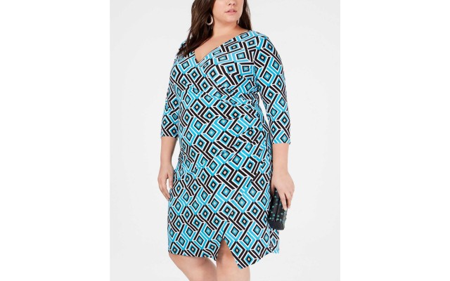  Plus Size Geo-Print Wrap Dress (Blue, 2X)