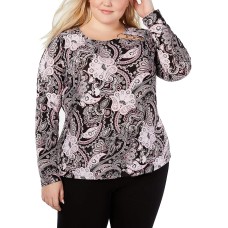 INC International Concepts Plus Size Paisley Printed Long-Sleeve Top Bright Red Size 1X