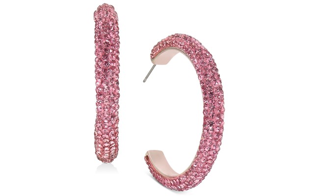  Rose Gold-Tone Medium Rhinestone-Wrapped C-Hoop Earrings,Pink, 1.66″