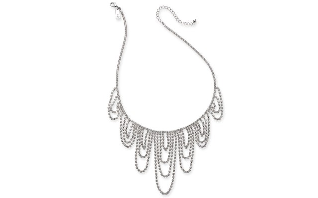  Silver-Tone Crystal Chain Dripping Statement Necklace, 17″ + 3″ extender