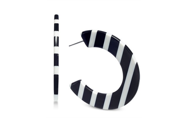  Striped Resin Medium Hoop Earrings (Black/White)