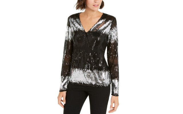  Surplice Sequined Stripe Blous (Deep Black, Small)