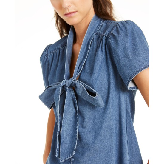  Tie-neck Denim Top (Blue, Small)