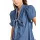  Tie-neck Denim Top (Blue, Small)