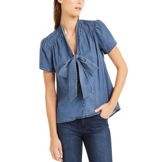  Tie-neck Denim Top (Blue, Small)