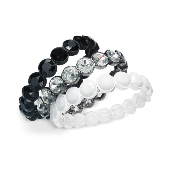  Tri-Tone 3-Pc. Set Crystal & Stone Stretch Bracelets, Silver/White/Black