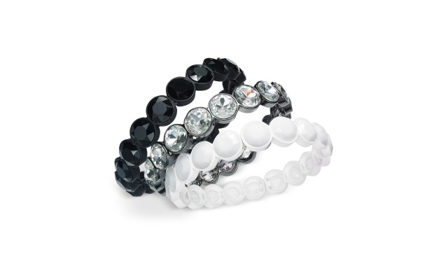  Tri-Tone 3-Pc. Set Crystal & Stone Stretch Bracelets, Silver/White/Black