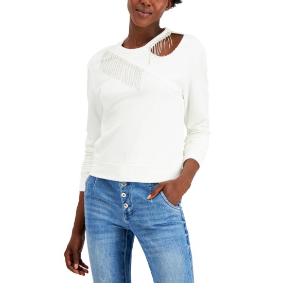  Women’s Embellished Cutout Top Washed (White, Small)