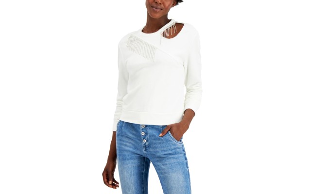  Women’s Embellished Cutout Top Washed (White, Small)