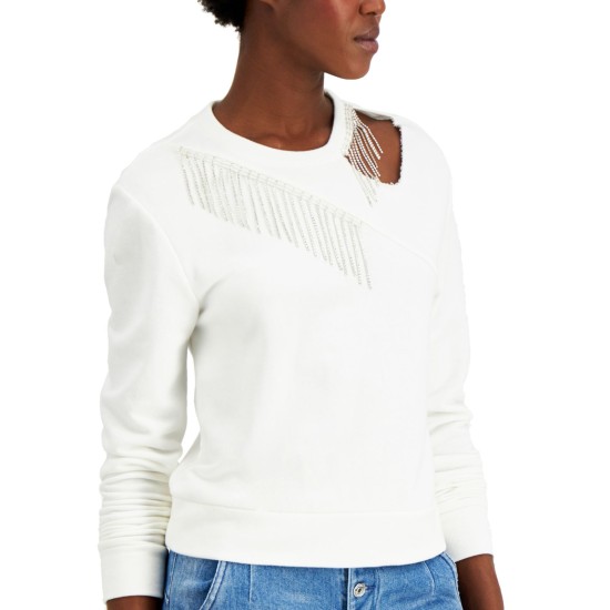  Women’s Embellished Cutout Top Washed (White, Small)