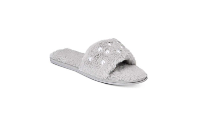  Women’s Embellished Faux-Fur Slide Slippers, Pastel Gray, X-Large
