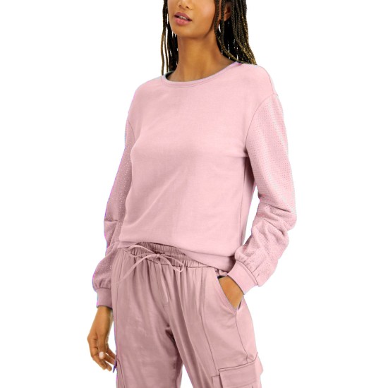  Women’s Embellished-sleeve Sweatshirt (Pink, Small)