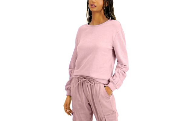  Women’s Embellished-sleeve Sweatshirt (Pink, Small)