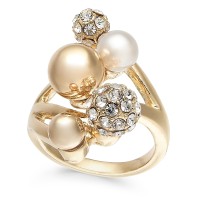 INC International Concepts Womens Imitation Pearl & Crystal Statement Rings, Gold, 9