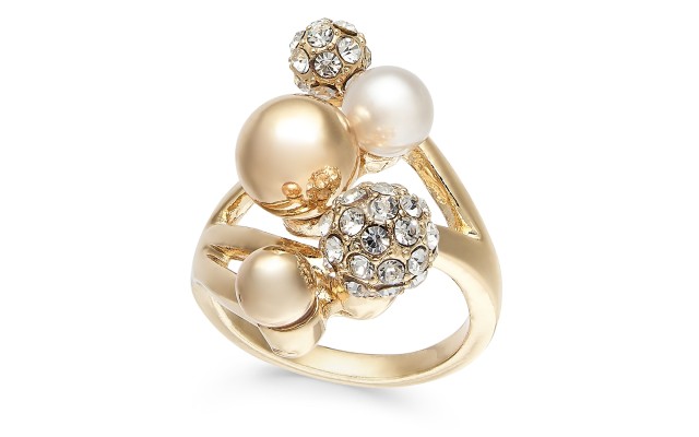  Womens Imitation Pearl & Crystal Statement Rings, Gold, 9