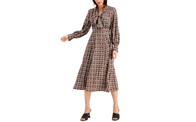  Women’s INC Chain Printed Tie Front Midi Dress (Brown, X-Small)